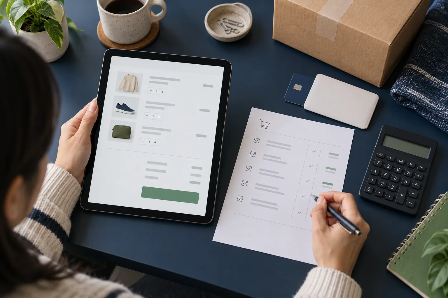 Buyer auditing an online checkout with a cost ledger, protected payment card and calculator