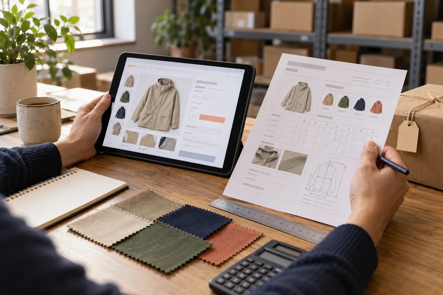 Buyer preparing a precise marketplace order brief with a tablet, measurement sheet and fabric swatches
