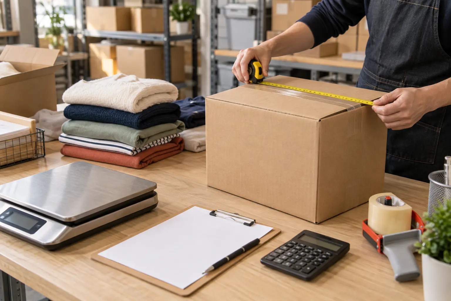 Warehouse worker measuring a consolidated parcel beside a scale and packing worksheet