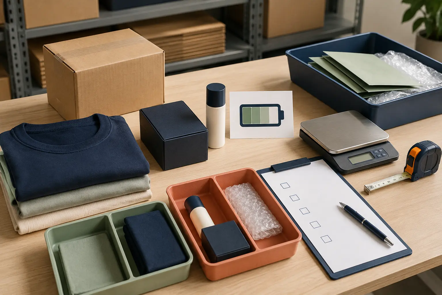 Warehouse desk sorting clothing, cosmetics and battery items before international shipping