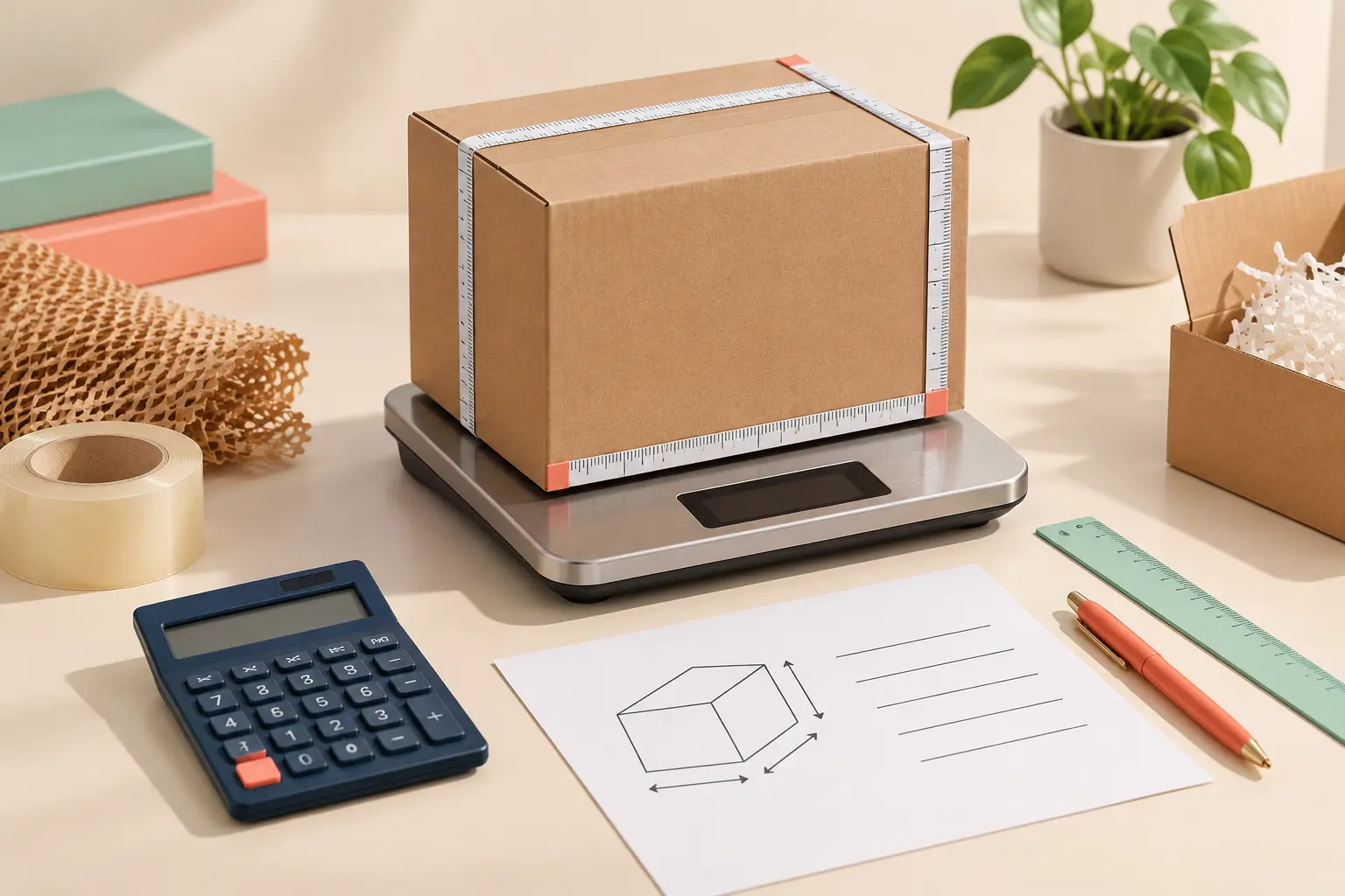 Parcel dimensional-weight calculation with scale and measuring tape