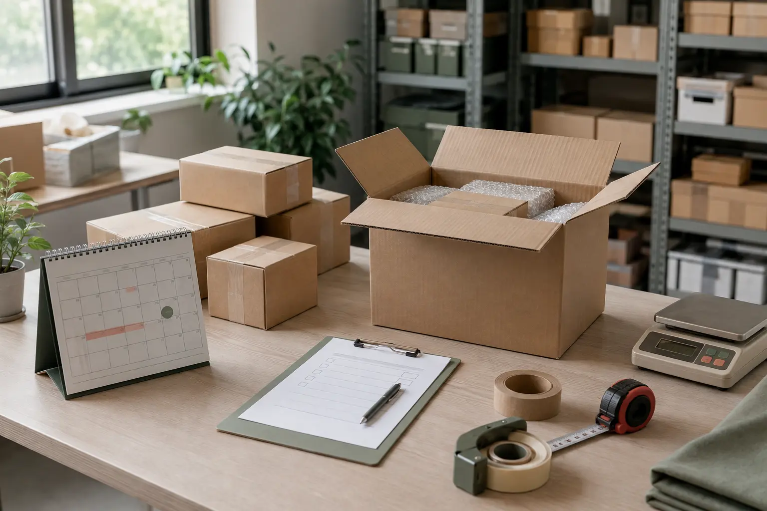 Organized warehouse consolidation desk with parcels, calendar, checklist, scale and measuring tape